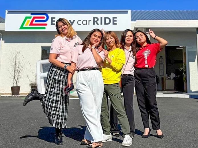 Staff striking various poses under a clear sky